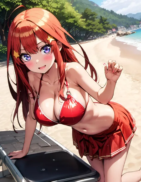 Alone,Nakano Mizuki , stupid hair, long hair, blue eyes,   hair ornament, Red Hair, glass, star (  symbol ), star   hair ornament,Big Breasts, tan, brown skin,Bare legs, cleavage,smile,blush, open their mouths,Red string bikini swimsuit,I'm wearing a red l...