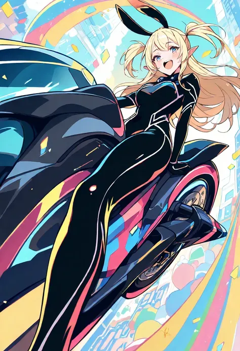 ((Riding a futuristic large motorcycle, black rider suit)), super detailed line drawing style anime coloring illustration, masterpiece, very aesthetic, 
Cute cartoon rabbit elf girl, two side up long blonde hair, rabbit ears and elf ears, big lady melon, f...