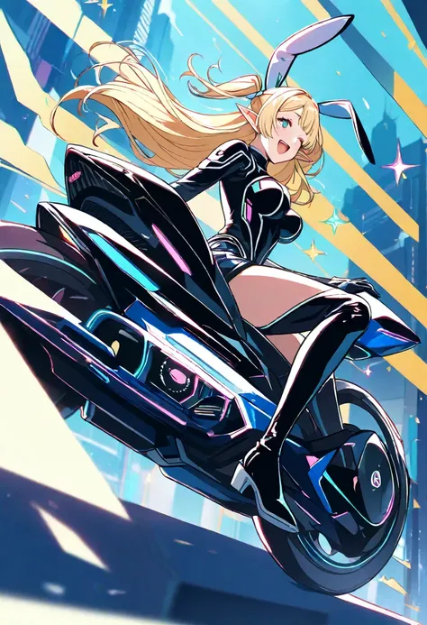 ((Riding a futuristic large motorcycle, black rider suit)), super detailed line drawing style anime coloring illustration, masterpiece, very aesthetic, 
Cute cartoon rabbit elf girl, two side up long blonde hair, rabbit ears and elf ears, big lady melon, f...