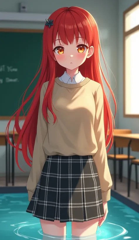  high school girl,  red hair , ( orange eyes :1.5),  long hair,  1 female,  alone , (Mature Woman)
ベージュ色の skirt,  check pattern ,  check pattern   skirt, uniform, uniform,  skirt,  (Beige sweater:1.3),  Long Sleeve,
 is staring at the viewer,
internal, cla...