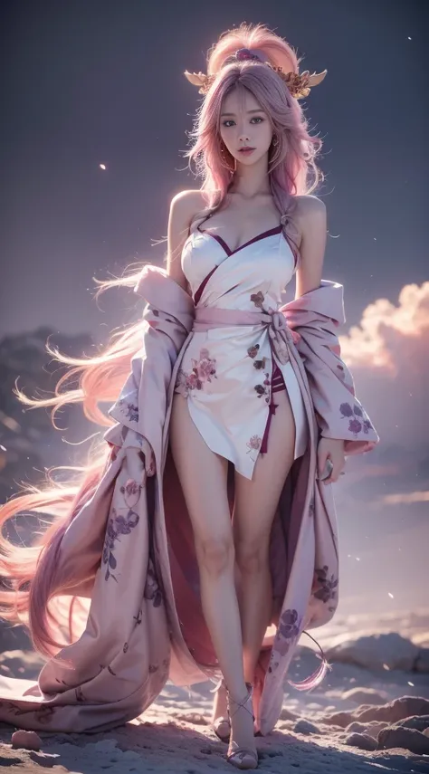 shenzi,1girl,long hair,pink hair,purple eyes,very long hair,hair_ornament,pink kimono ((cowboy shot)), ((Bare shoulder)), ((Short hemlines, sexy long legs)), realistic detailed photo of a giant breasted girl with exposed shoulders, detailed fingers, high q...