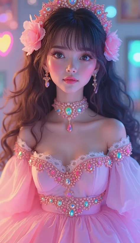  cropped bangs 、 Smooth nose muscles 、 full lashes 、gentle eyebrows。Big, sweet, and fantastic iridescent eyes that remain like 、 Pottery Skin 、 pale pastel pink gradation eyeshadow 、 lips are neon pink gloss 。 curly long hair mixed with neon pink and pink ...