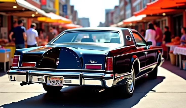 A 1979 Lincoln Continental mark V stand in market with amazing background and shining car colour is black and back view