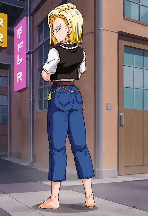 source_anime, score_9, score_8_up, score_7_up, anime screencap,
detailed face, android 18, cell saga, 1girl, solo, looking at viewer, short hair, blue eyes, blonde hair, city, street, standing, full body, hoop earrings, belt, looking back, from behind, shi...