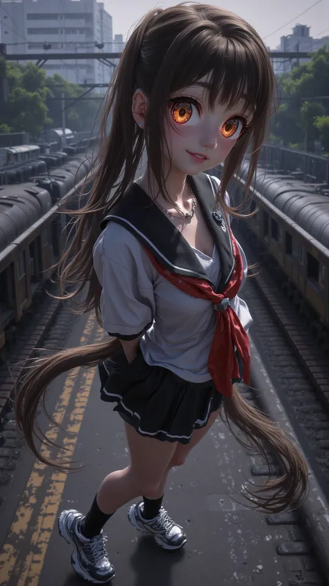 1girl,solo,student,deep_skin,oil,skinny,curvy,slender,long_eyelashes,orange eyes,orange_pupils,gigantic breasts,narrow waist,slender waist,anzio_school_uniform,loose_socks,sneakers,smile,incredibly absurdres,train station,panorama,full_shot,from_above,look...