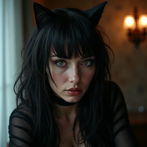 Catwoman ,  dressed in black transparent velcro overcoat ,  with cat ears with . She has a big butt hips ,  long black hair and fringe on her forehead , Albino skin,  huge breasts looking at me with a magnetic look ,  with sweat droplets all over her skin ...