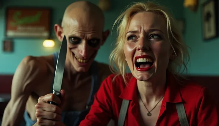 In the dim, unsettling interior of the 'Sunset Restaurant,' the terrifying, emaciated bald man stands just behind the blonde waitress, gripping a kitchen knife with an eerie precision. His face is grotesque, with hollow, sunken eyes that gleam with a dark,...