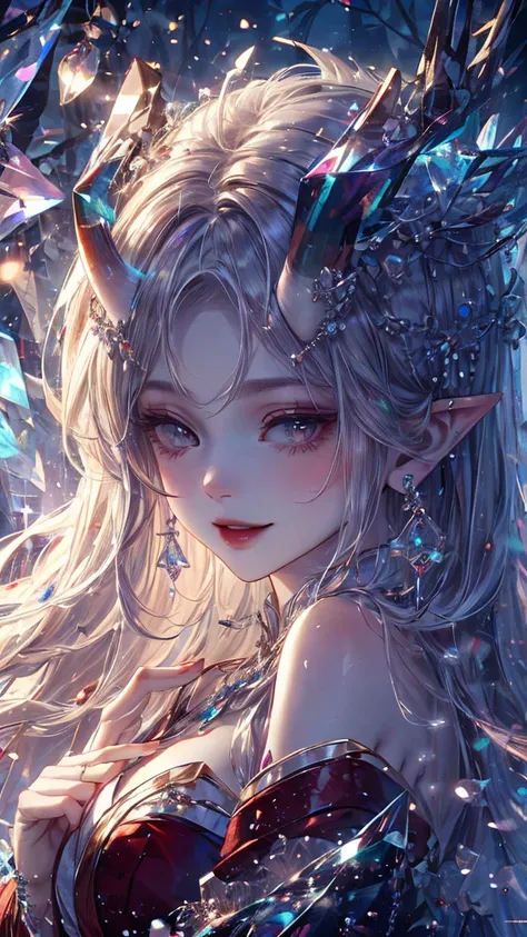 reality，Crystal Garden , A Beautiful Japanese Ghost Woman ， Exquisite cheeks ,Pointed ears, Crystal Earrings Ear Forehead , Demon horn,Mid-chest, Wearing a Red Sexy Dress Textured Skin,  White Fur Cloak Outfit ,Smile, 