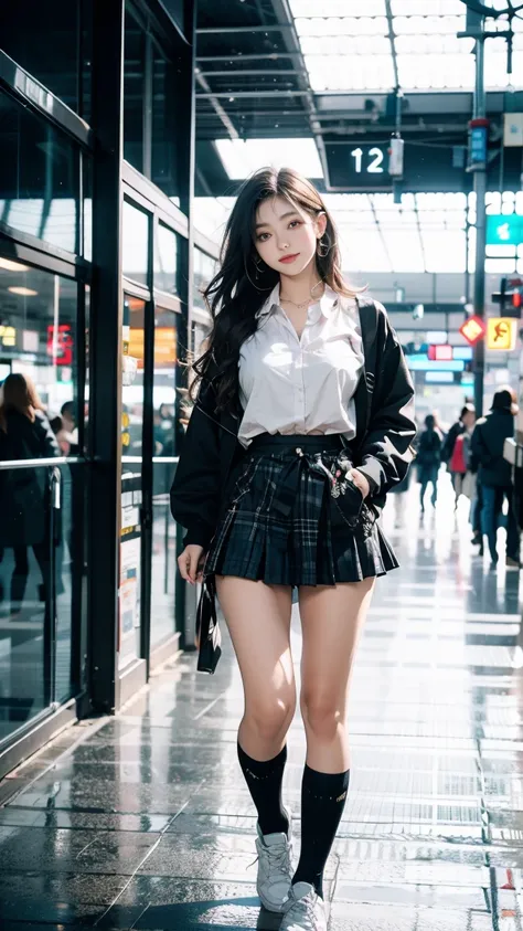 1girl,solo,student,deep_skin,oil,skinny,curvy,slender,long_eyelashes,orange eyes,orange_pupils,gigantic breasts,narrow waist,slender waist,anzio_school_uniform,loose_socks,sneakers,smile,incredibly absurdres,train station,panorama,full_shot,from_above,look...