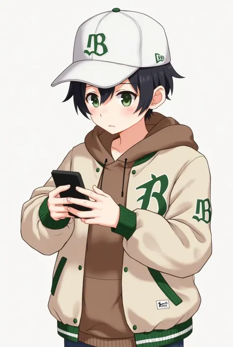 I'm wearing a white New Era hat,  and I'm wearing a beige stadium jacket, Green mark on the left side of the stadium jacket,The inner is a brown hoodie, boys,Short cropped hair, black hair, anime style,Playing with my smartphone