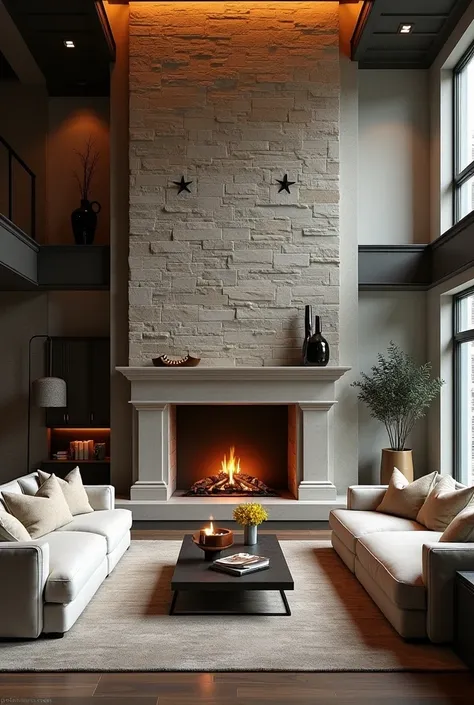 fireplace,  central in the living room ,  would be an imposing piece , stone elements ,  offering around ,  contemporary sofas in cozy fabric