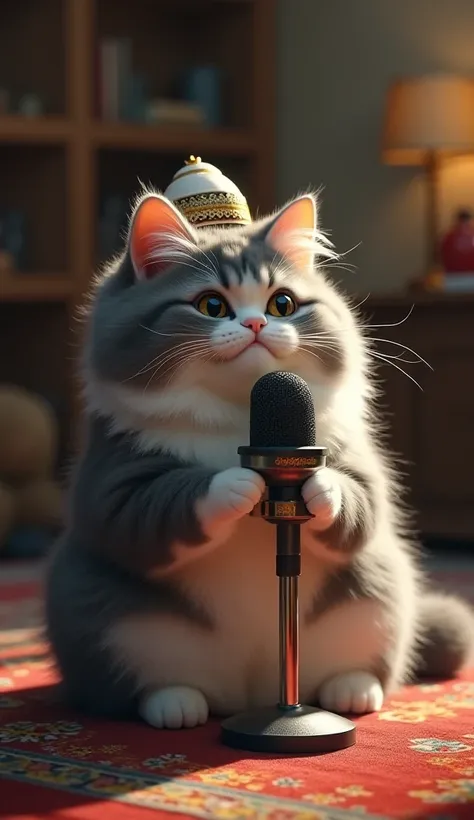 A fluffy cat sitting on a prayer mat, wearing a small topi (Islamic cap), reciting a Naat with a microphone in front of it.