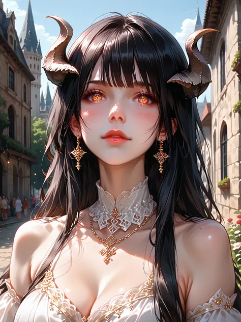 s:1.2), Perfect Anatomy, (Perfect Face:1.3), horns on her head, (big white curved horns: 1.3), Sharp focus, (Cowboy Shot), focus on her face, detailed face, Ultra-high resolution, (One girl:1.4), Highly detailed illustration, Smooth and plain hair, long ha...