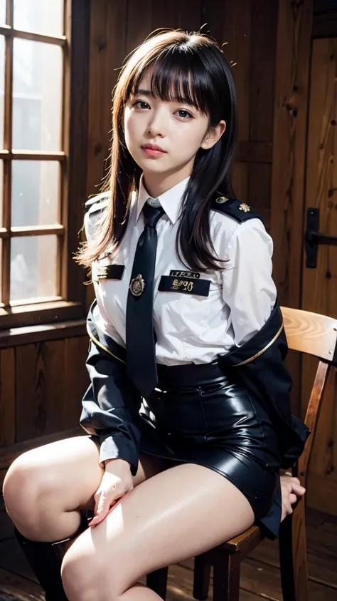  Beautiful Japanese Woman stroking her bangs , Self-Defense Officer Uniform ,  wears a white long-sleeved shirt  ,  navy blue tie ,  navy pencil skirt  ,  black patent high heels , chair , on the other hand、The third person  . Outside the frame. She holds ...