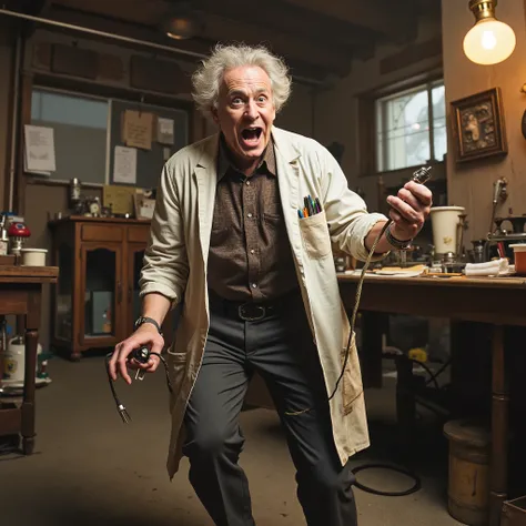 Image ((Emet Brown, known as Doc)), is a character from the Back to the Future film series. A scientist stands madly in his laboratory, holding a thick wire with an electric plug in his hand. This is an episode of work on the invention of a time machine. (...