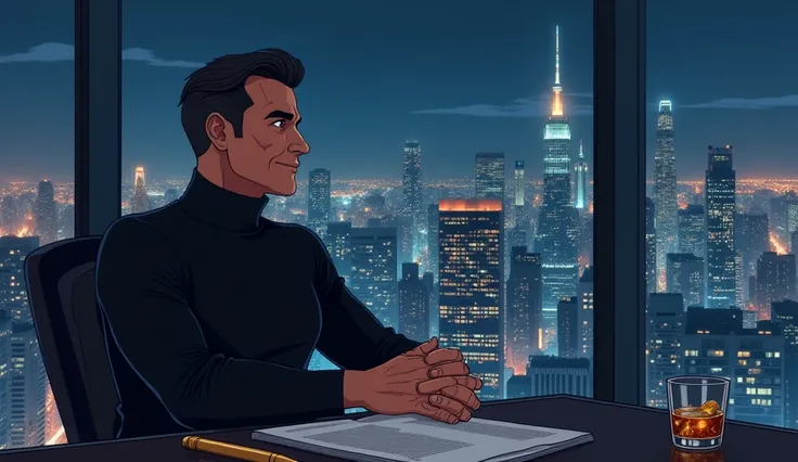 Anime-style illustration of a confident and powerful man sitting in a grand office with floor-to-ceiling windows showcasing a vibrant city skyline at night. He is impeccably dressed in a sleek black turtleneck, exuding authority and calm. A luxurious desk ...