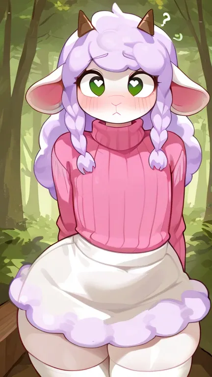 masterpiece, best quality, 1femboy, anthro, wool, wool, fluffy wool,  lamb ears, Anthropomorphic ram-guy, real lamb cones, white skin,  light skin ,  long purple hair ,  green eyes , hands hidden behind your back ,  Long hair,  tousled hair,  flat chest  ,...