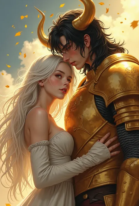  Creates the oil image , in the fanart anime style with the following characteristics of a man and a woman:
An 18-year-old woman and a,67 tall,  with long hair down to below the waist in the color white , white white skin ,  with slightly flushed cheeks , ...