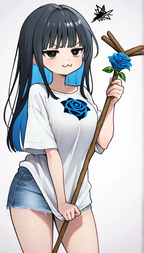 long blue black hair , 非常に  long hair,  straight perm, bangs, (((bangsに blue rose のヘアクリップ))),   blushes,  legs ,  contemptuous eyes, Angry,black eyes,  New Look,   long hair,  blue inner hair , ：3,   oversized clothes, ( blue rose ,ribbon), wearing jeans ,...