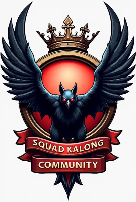 3 Dimensional Logo, with a circle in the center ,  in the crown on top of the circle , above the crown there is a huge bat with red eyes, Added ribbon at the bottom with text SKC, add a ribbon at the top of the logo with the text SQUAD KALONG COMMUNITY. ad...