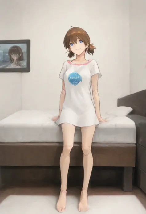A girl is in the bedroom, Instructions, detailed assembly design drawing, Middle age, joint seam,full body view, height 160 cm mechanical lady, she gets ecstasy in pleasure, very short pigtails, brown hair, Hair tie with two big red clothespins, mature, an...
