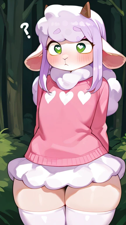 masterpiece, best quality, 1femboy, anthro, wool, wool, fluffy wool,  lamb ears, Anthropomorphic ram-guy, real lamb cones, white skin,  light skin ,  long purple hair ,  green eyes ,  Long hair,  tousled hair,  flat chest  ,    pink sweater, hands hidden b...