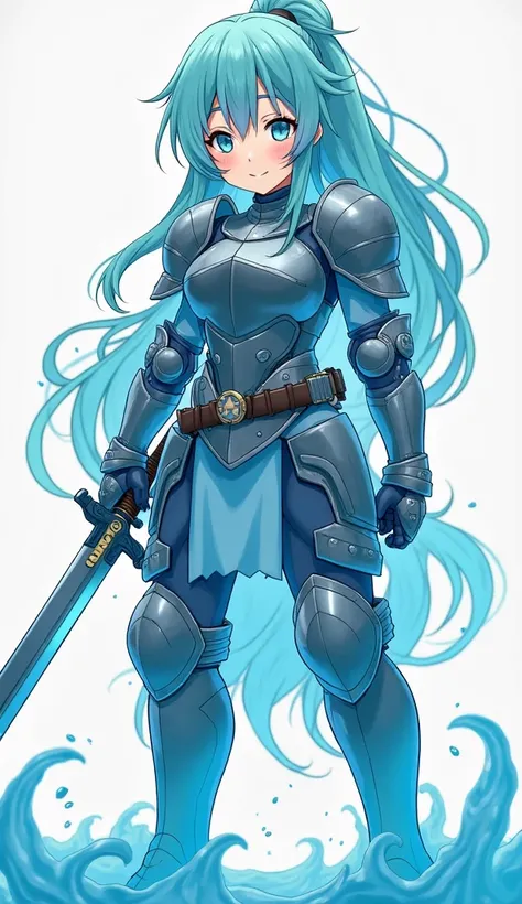 Japanese animation art. A girl made of translucent blue slime stands proudly, wearing a suit of armor. She holds a sword in one hand, exuding confidence and strength. Her gentle smile adds warmth to her determined presence, creating a unique contrast betwe...