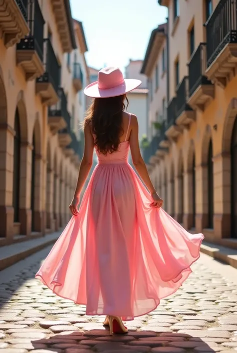 A young lady wearing pink romantic dress and hat, walking through the old city. Realistic, cinematic, HD high enhance