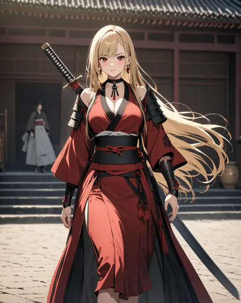  Edo period, samurai, warrior, Swordsman,  Japanese sword, kitagawa marin, whole body,  1girl , blonde hair, long hair, multicolored hair, red eyes, jewelry, earrings, piercing, black choker, masterpiece:1.5, masterpiece, highest quality, UHD, retina, mast...