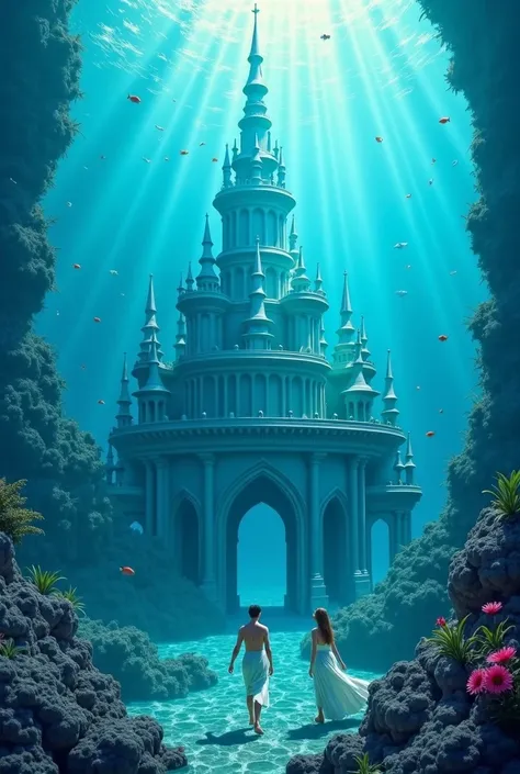 An undwrwater kingdom at the center of the image and there will be sea nymphs everywhere, chatting, talking, and just chilling there will be male and femal sea nymphs. Add more sea nymphs