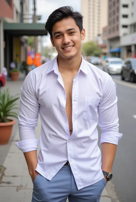 Imagine a handsome 17-year-old young man, his body athletic and curvy, exuding confidence and charm. He is wearing a sexy, slightly open white shirt that perfectly accentuates his body shape, showing off his style and charm. With a simple, well-fitting shi...