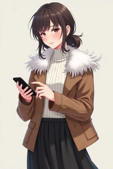 He is wearing a brown leather jacket with white feathers on the collar,The inner is a white knit, black long skirt, girl, anime style, hair up to shoulders, Hair,Touching a smartphone