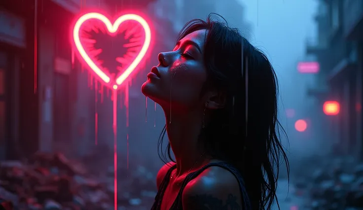 A dark and emotional cyberpunk-inspired artwork featuring a brokenhearted person surrounded by neon-lit ruins. The character has a melancholic expression, with glowing tears streaming down their face. A shattered heart symbol flickers in neon above them, c...