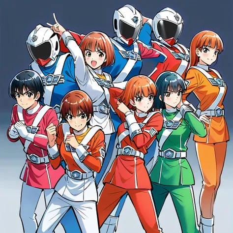 super sentai series, Different colors (Red, blue, green, black, pink, yellow, orange, silver and White), a super sentai rangers team, making their Signature action poses, carring their ranger's helmet