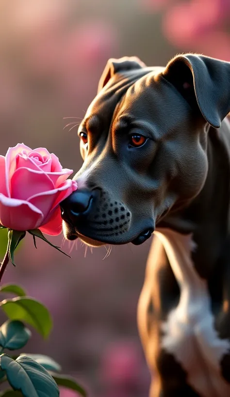 hyper-realistic, cinematic 8k masterpiece with a full-body profile of a Pit bull and a pink rose facing each other in the nice background .