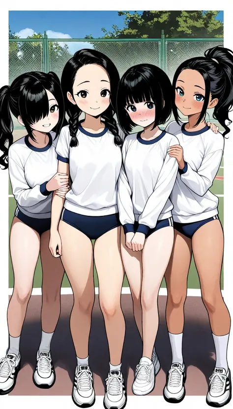 (Five Girls : 1.3),5 girls,(White gym clothes, Long Sleeve,Dark blue buruma, sneakers,pubic hair), black hair, ponytail , bob cut, twin tails, long hair, short hair on the bed, bun hair, wavy hair,サイド ponytail , braids,Forehead, Hair Over One Eye,smile,Emb...