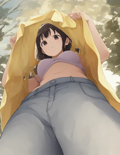 in_clothing, from below, lifted by self, clothes lift,bra, ,score_9, score_8_up, score_7_up,source_anime,rating_safe,