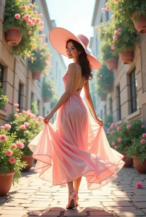 A girl with light brown hair, wearing pink and white romantic dress and hat, walking through the old city. Realistic, Cinematic, HD high enhance 