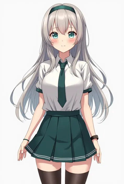 anime girl with long but not very ashy hair with a headband, short dark green pleated skirt (not a pencil skirt ) not wearing office clothes with black stockings and turquoise eyes, standing straight and straight facing the camera in full height with large...