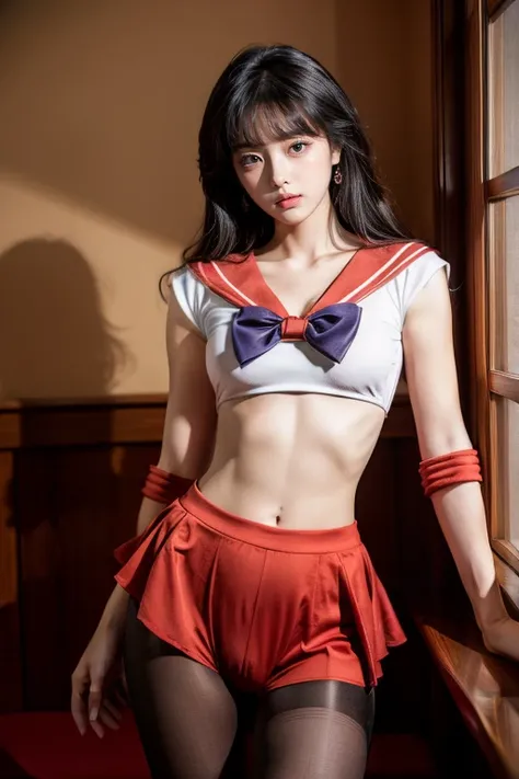 Masterpiece, best quality,1girl, sailor moon,red dress, upper body, cowboy shot, midriff, navel visible, looking at viewer, detailed face, erotic expression,camel toe,black pantyhose,make up room 