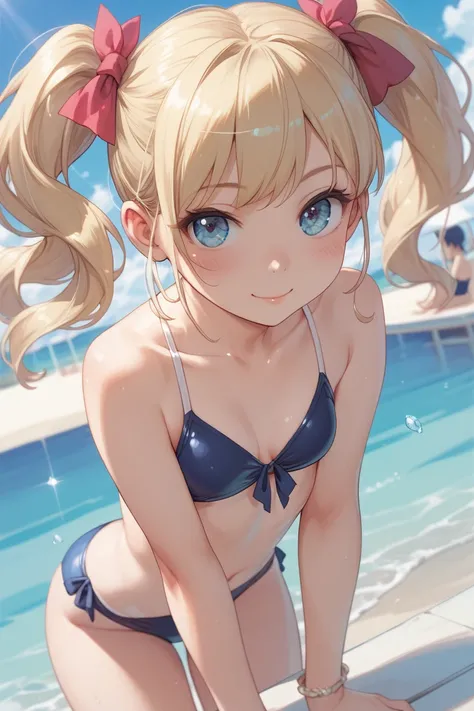  girl、 swimsuit、 small breasts、 lean forward、 twin tails、Blonde、sea、 swimsuitがずれて乳首を露出