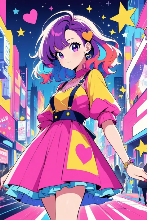 80s-like
「 vibrant  ,  retro illustrations for YouTube thumbnails based on my videos  "Otome Chick "  music video.  stylish girl incorporates a bright ,  colorful hair, Wear trendy clothes and include 、 design that walks through a fantastic cityscape . The...