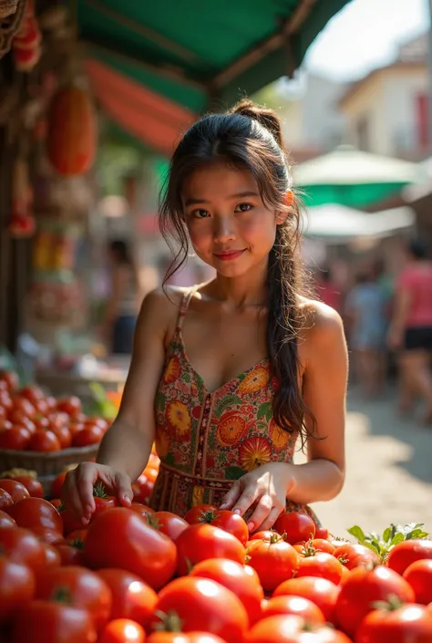 Create a video of beautiful girl that is selling tomatoes in the market