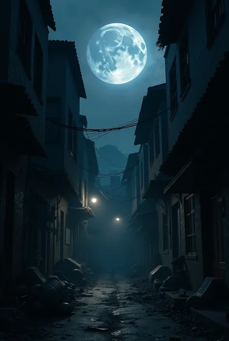 Create an image where it's nighttime and there's a dark alley with a moon in the sky 