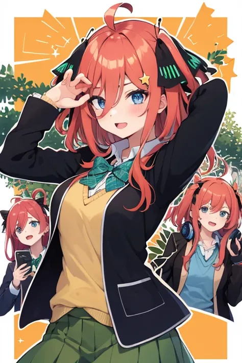 5girls,collared shirt, green skirt, blazer,
BREAK,
pink hair, short hair, cardigan around waist,
BREAK,
pink hair, butterfly hair ornament, black cardigan,
BREAK,
brown hair, hair between eyes, blue cardigan, headphones,
BREAK,
orange hair, hair bow, green...