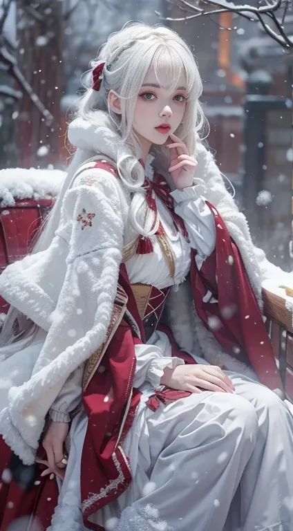  realistic photos,  high resolution, 1 female,  alone, ( Lolita Outfits )， gorgeous costume ， facing the audience ， upper body，Beautiful thigh eyes, White hair, Red eye circles , (external，heavy snow，cloak，Covered with snow)，Snow