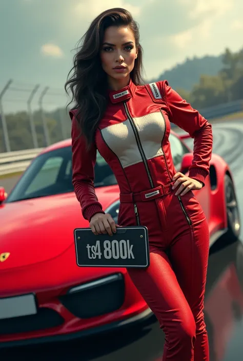  written creates an image where there is a red Porsche on a ,  car track and on the side a sexy woman in a racing suit holding a license plate, What has  "TS4 800k " in a realistic style 