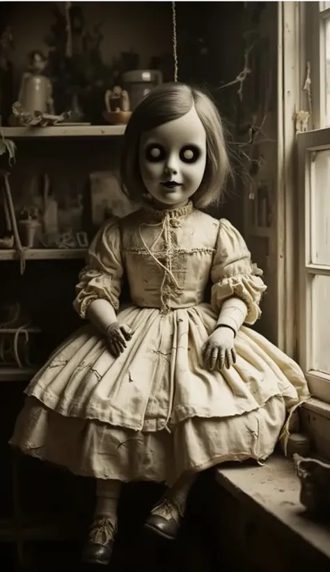 An antique porcelain doll with short, shoulder-length dark blonde hair, a torn white antique dress with cracks in it, and glowing glass eyes, sits on a dusty shelf in a dark, disorganized thrift store. Sunlight streams in through the window, creating eerie...