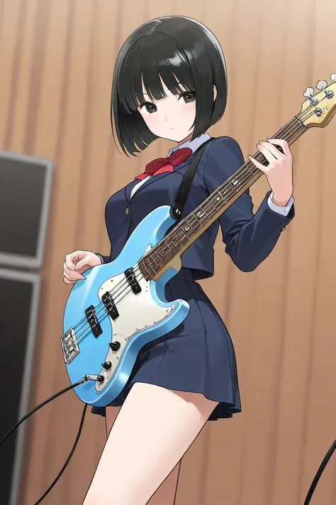 a high school girl, busty, black hair, bob cut, short skirts, playing bass  guitar 