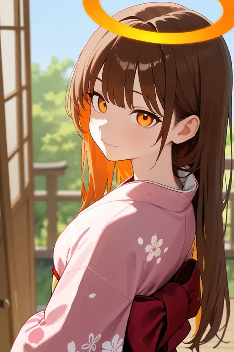 1 girl, Hair length reaches the back, Brown hair and orange on the edges of the hair, orange eyes, but not bright, wear a kimono suit, หน้าอกไซส์ปานกลาง, have a orange halo